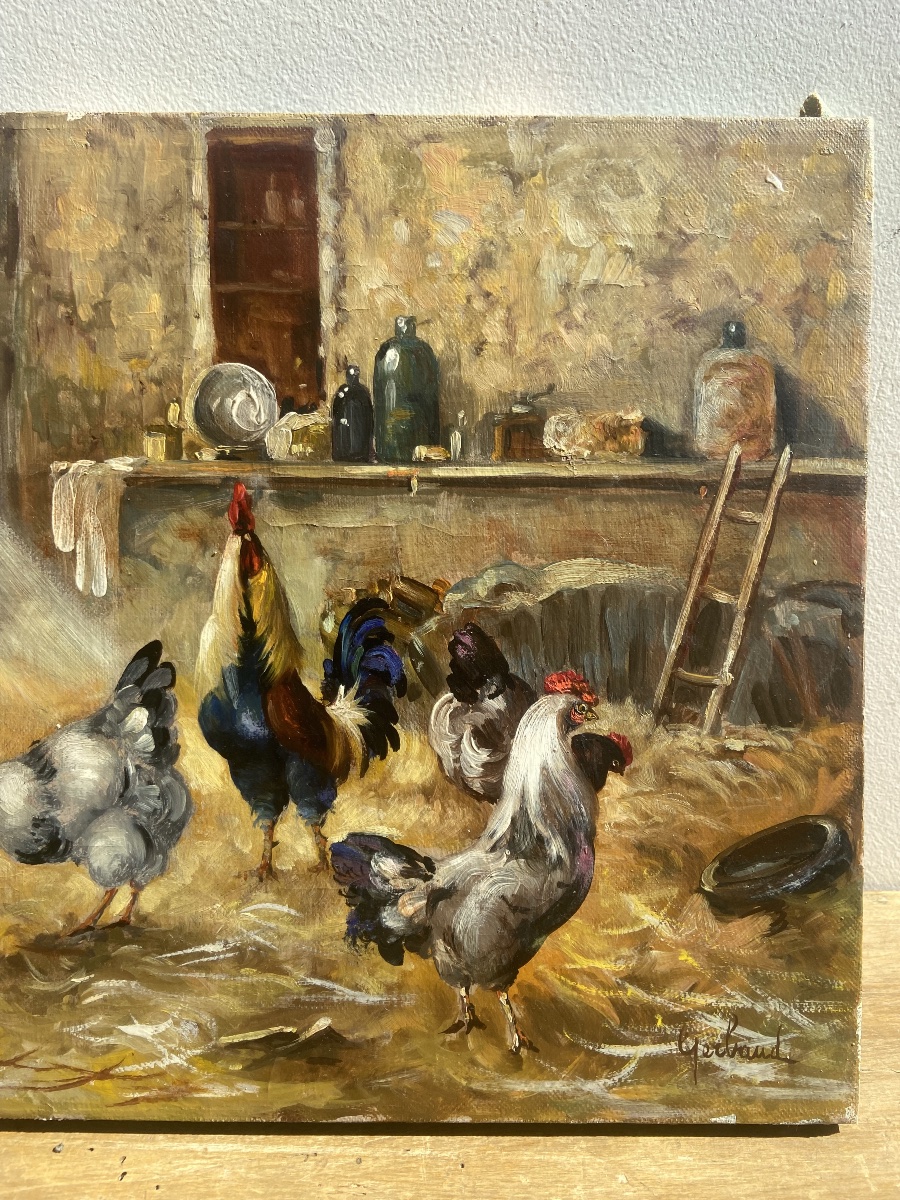 Oil On Canvas: Rooster In A Farmyard, Rural Scene, France, 20th Century-photo-3