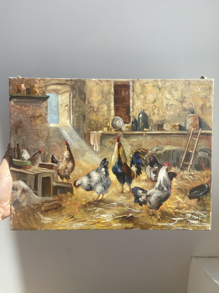 Oil On Canvas: Rooster In A Farmyard, Rural Scene, France, 20th Century-photo-2
