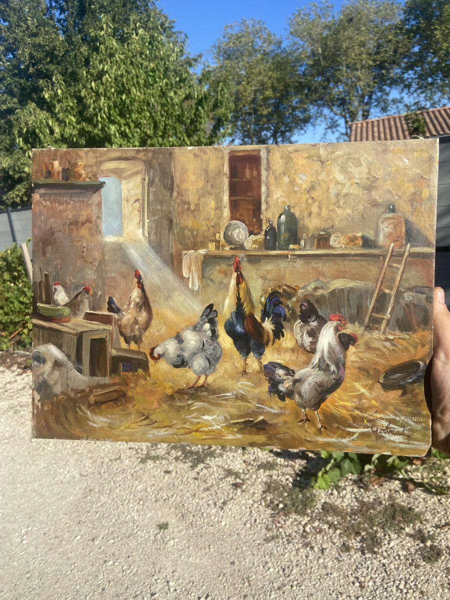 Oil On Canvas: Rooster In A Farmyard, Rural Scene, France, 20th Century-photo-3