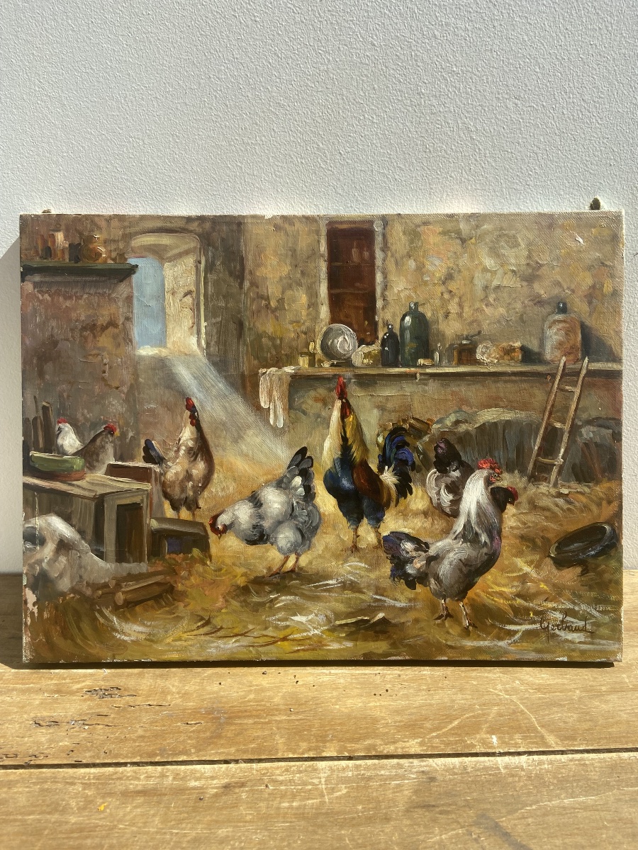 Oil On Canvas: Rooster In A Farmyard, Rural Scene, France, 20th Century