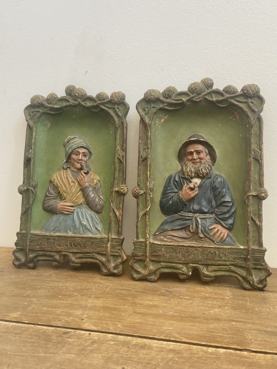 Autriche fin 19ème: Bernhard Bloch (1836-1909), Paire de plaque en céramique, Bretagne, Art Nou