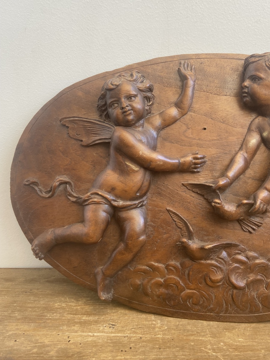 19th-century France: Putti In High Relief, Oval Wooden Panel-photo-2