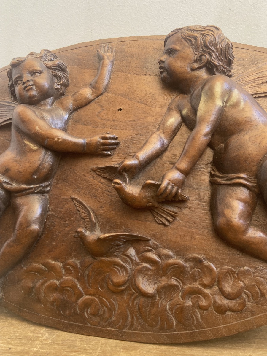 19th-century France: Putti In High Relief, Oval Wooden Panel-photo-4