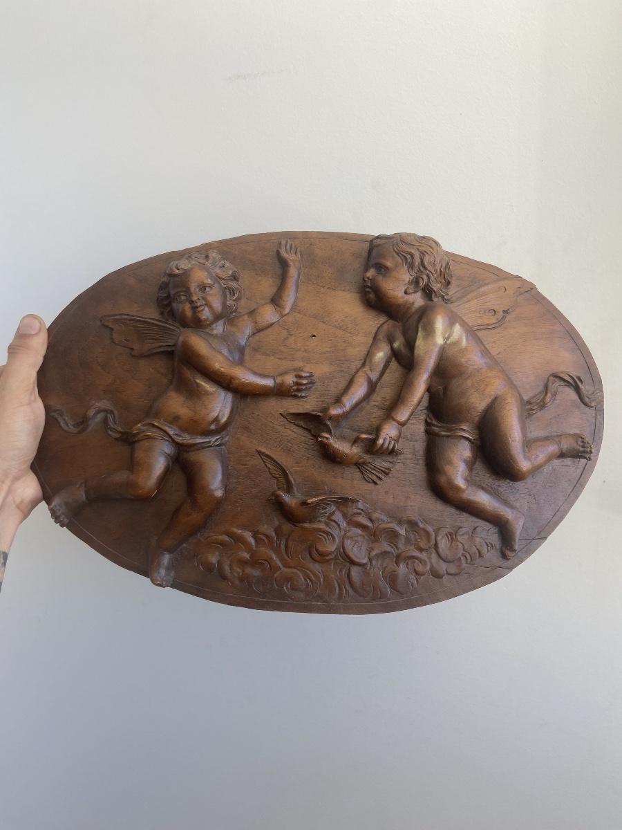 19th-century France: Putti In High Relief, Oval Wooden Panel-photo-2
