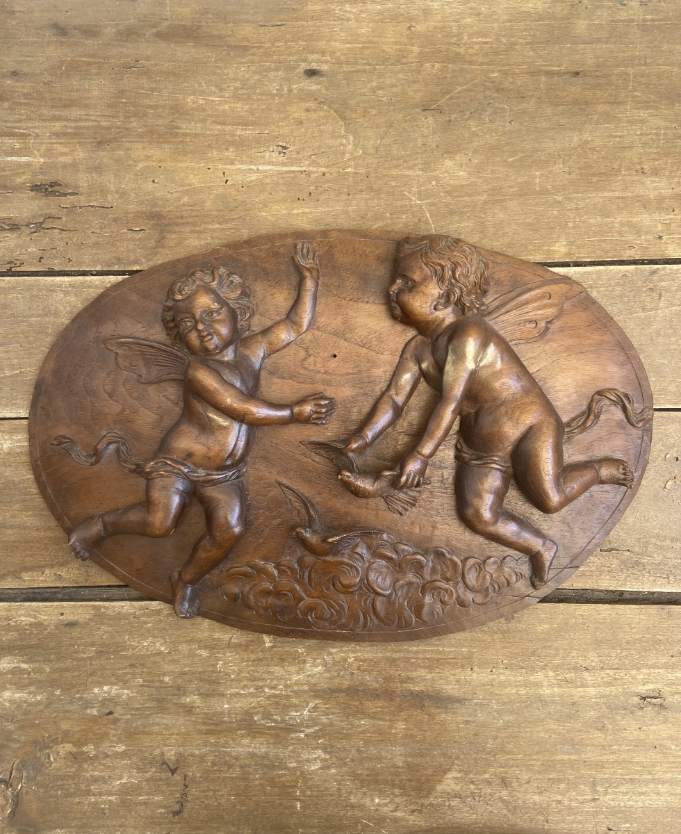 19th-century France: Putti In High Relief, Oval Wooden Panel-photo-3