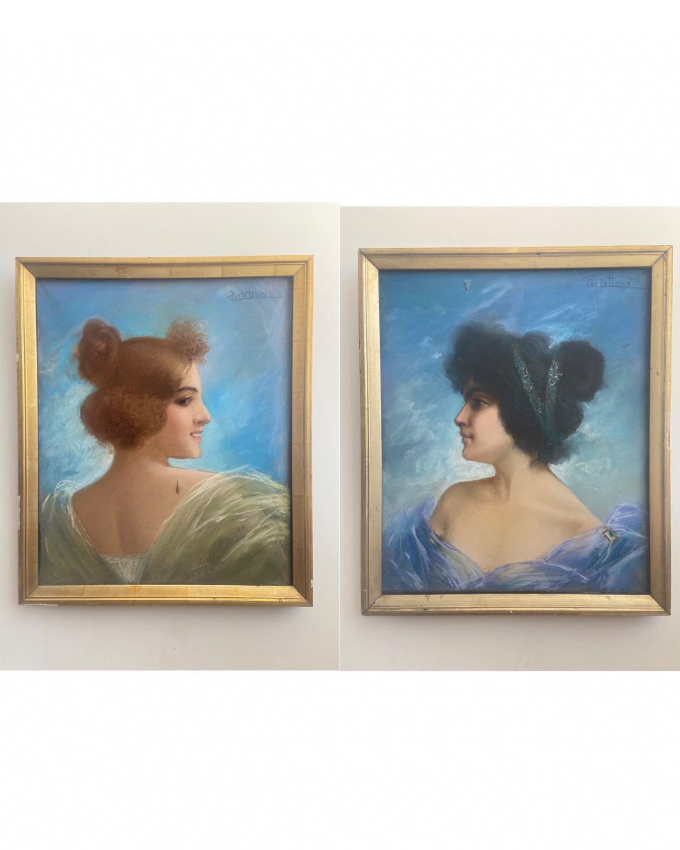 Art Nouveau: Paire de pastel, portraits d’élégantes, par Paolo HENRI-photo-2