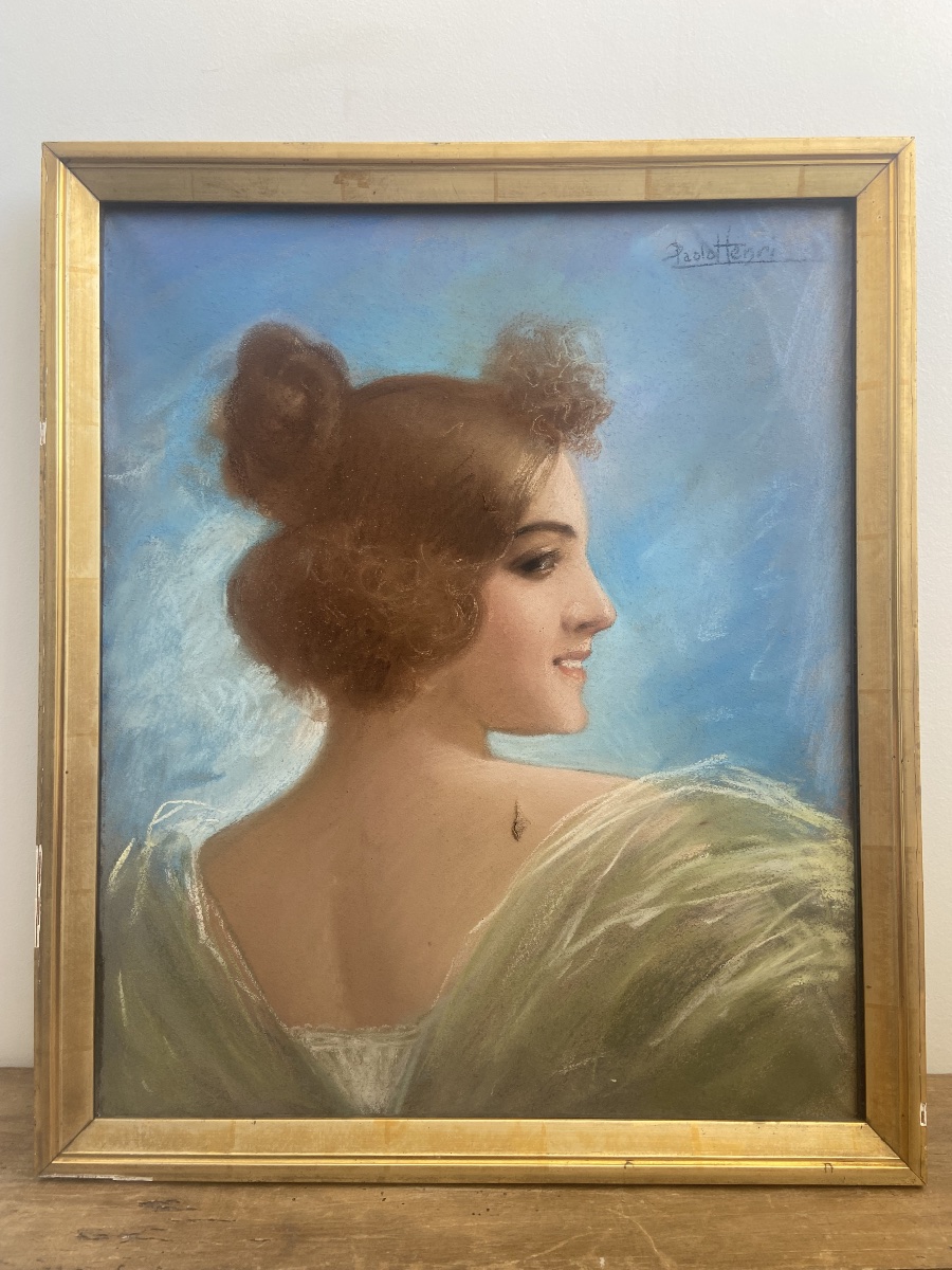 Art Nouveau: Paire de pastel, portraits d’élégantes, par Paolo HENRI-photo-4