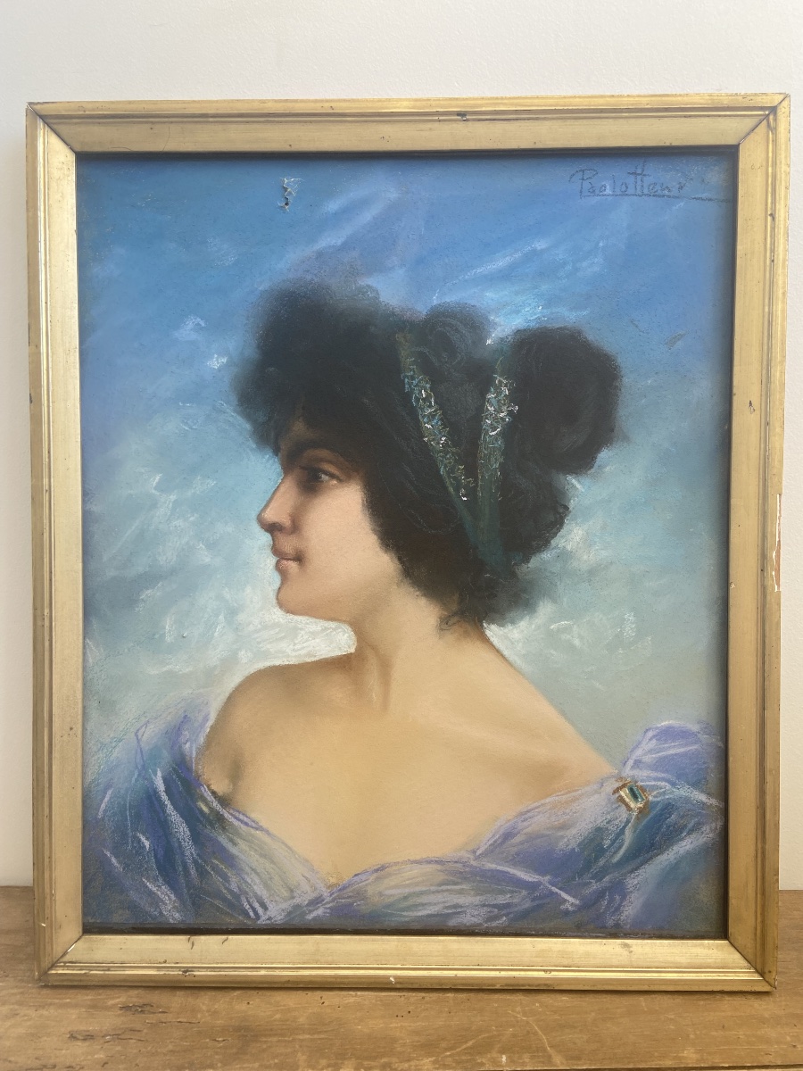 Art Nouveau: Paire de pastel, portraits d’élégantes, par Paolo HENRI-photo-5