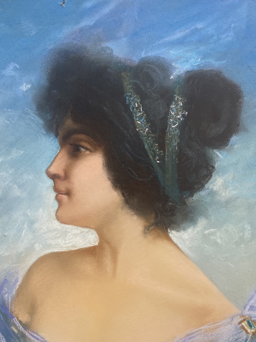 Art Nouveau: Paire de pastel, portraits d’élégantes, par Paolo HENRI-photo-6