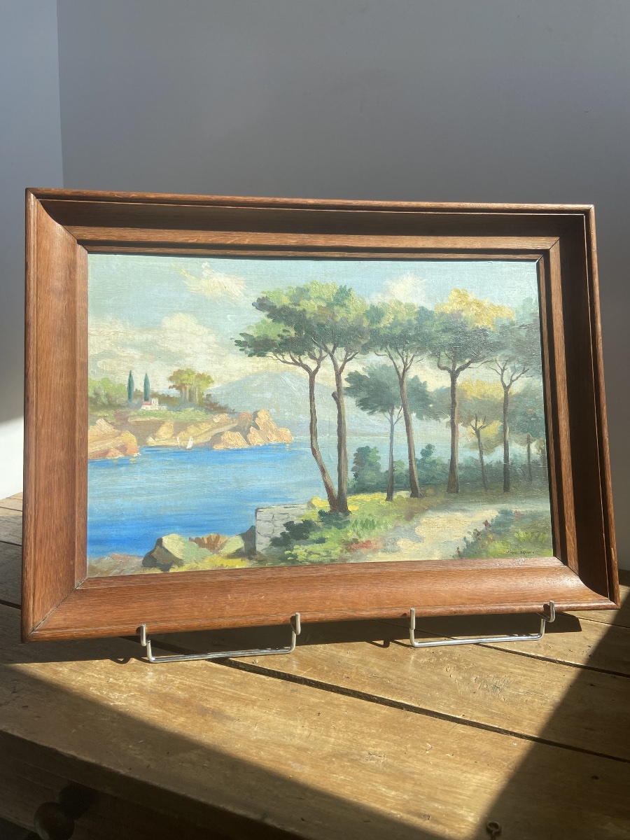 Huile sur panneau: Paysage de la Côte d’Azur, Riviera Ligure, 20ème 