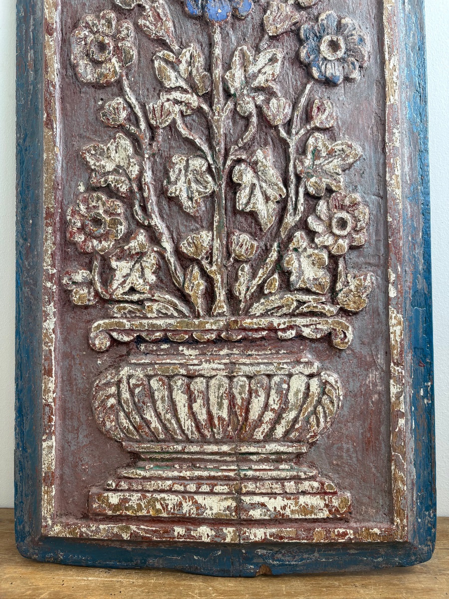 France, Late 18th Century: Polychrome Panel Carved In Bas-relief, Decorated With A Bouquet-photo-4