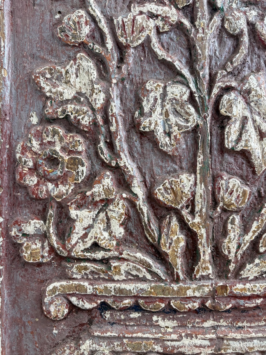 France, Late 18th Century: Polychrome Panel Carved In Bas-relief, Decorated With A Bouquet-photo-2