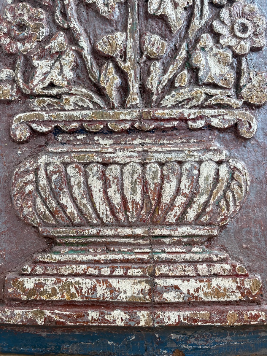 France, Late 18th Century: Polychrome Panel Carved In Bas-relief, Decorated With A Bouquet-photo-3