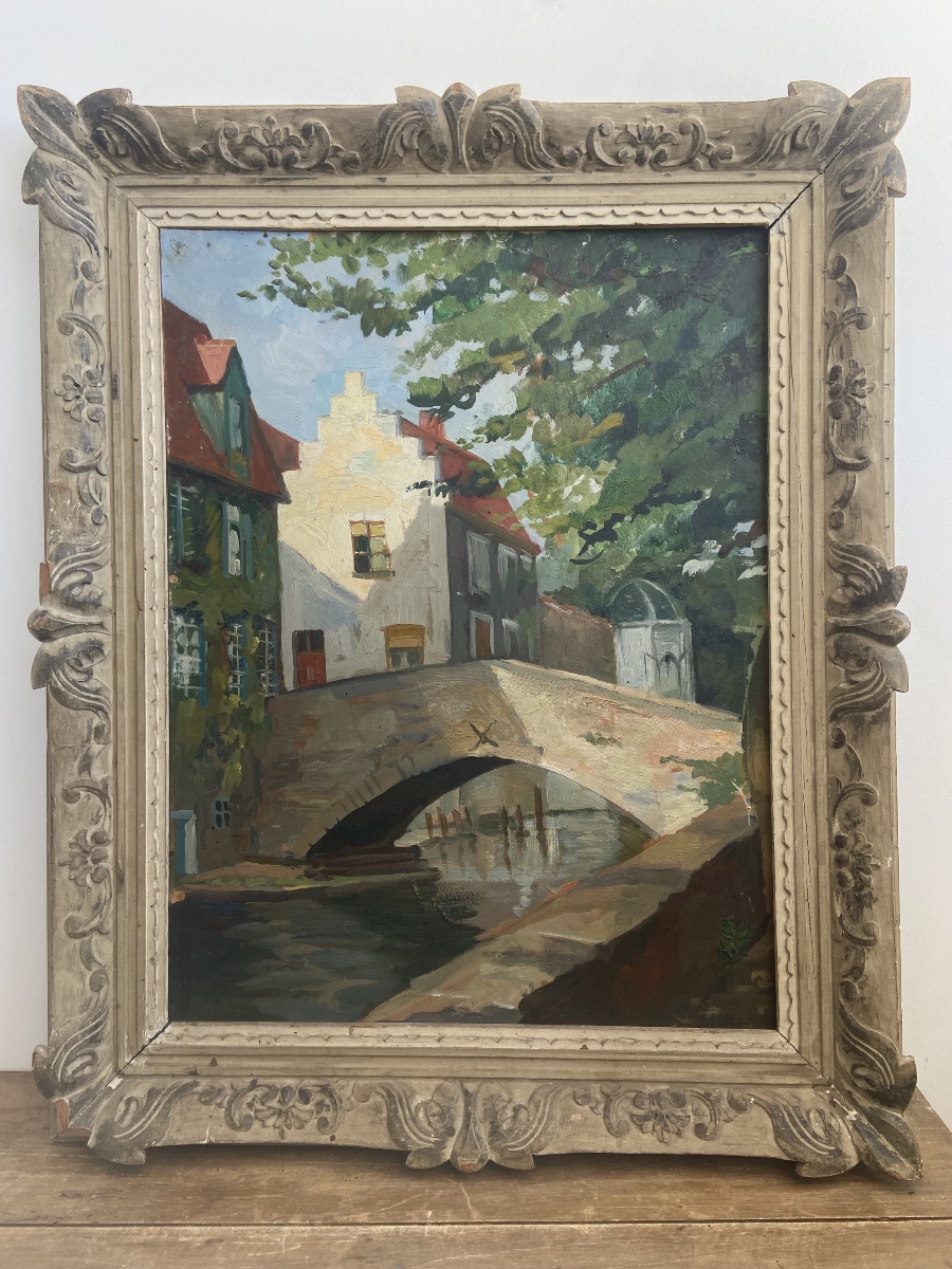 Oil On Panel: View Of Bruges—peerdenbrug Bridge, By Pierre Valade (1909–1971), Post-impressionist-photo-2