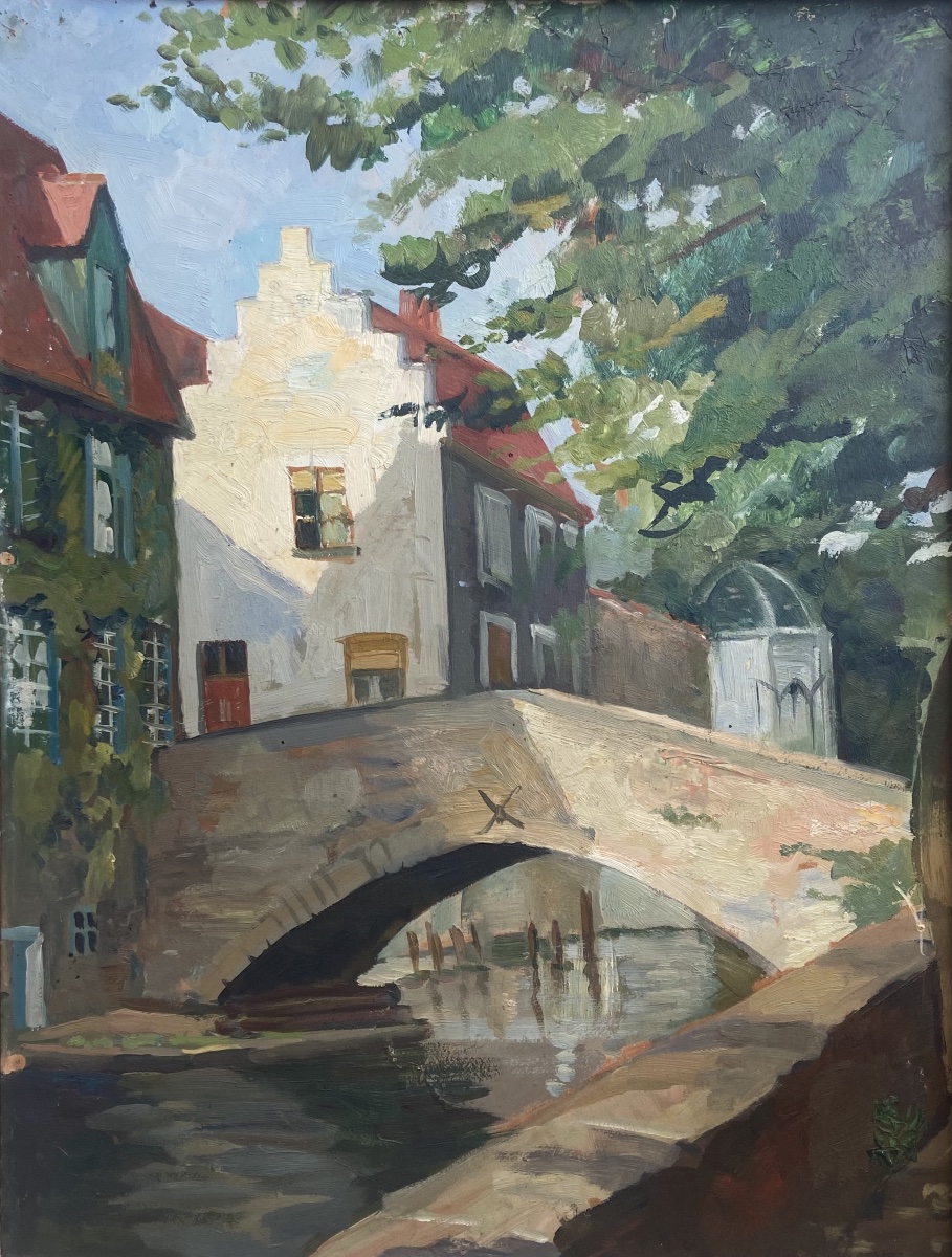Oil On Panel: View Of Bruges—peerdenbrug Bridge, By Pierre Valade (1909–1971), Post-impressionist-photo-3