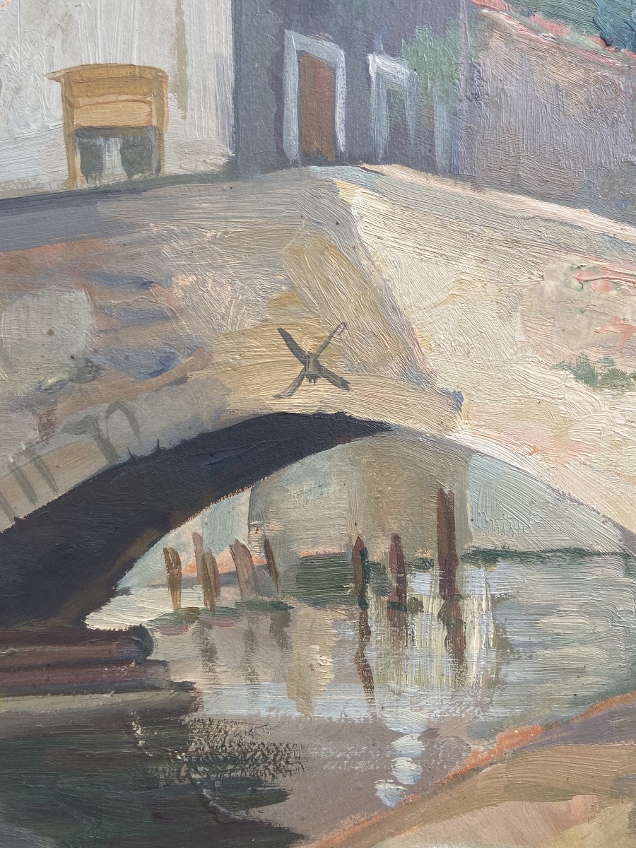 Oil On Panel: View Of Bruges—peerdenbrug Bridge, By Pierre Valade (1909–1971), Post-impressionist-photo-2