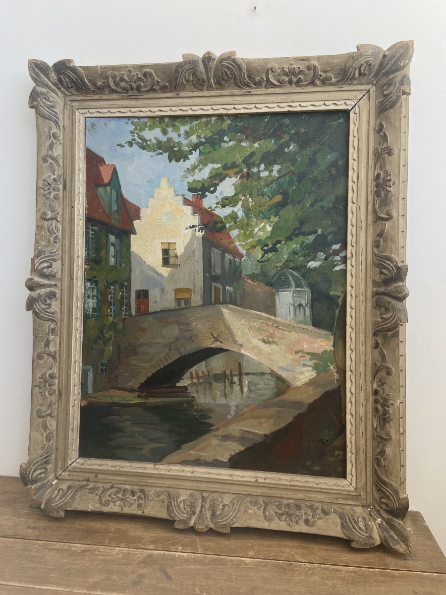 Oil On Panel: View Of Bruges—peerdenbrug Bridge, By Pierre Valade (1909–1971), Post-impressionist