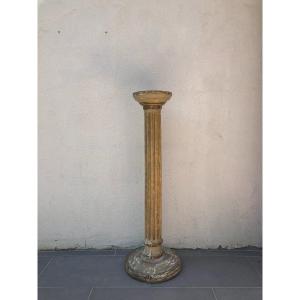Golden Wood Column With Grooves - XIXth