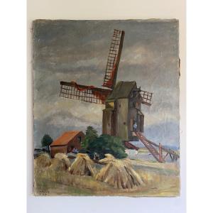 Huile sur toile: vue d’un moulin à Vermelles Pas-De-Calais, Céline TABARY 1938