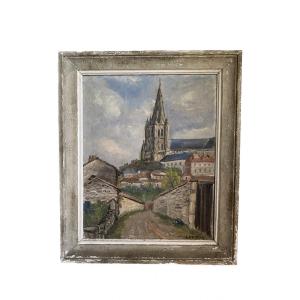 Huile sur toile: vue de la cathédrale de Chartres (?), signé A.Dumas