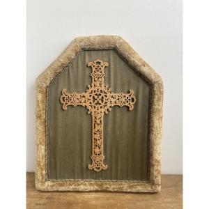 Cross In Fretted Wood, Velvet Frame, Late 19th Century