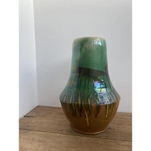 Ovoid Vase With Neck, Art Deco, Green Glazed Stoneware