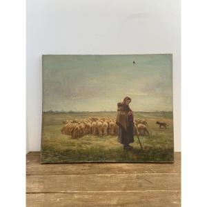 Huile sur toile: Bergère avec son troupeau d’après Jean-François Millet, France circa 1960