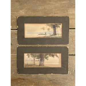 Paire d’aquarelles, paysage lacustre, Japon Meiji fin 19ème