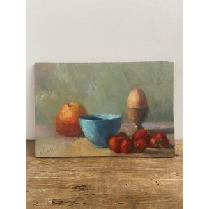 Huile sur panneau, Nature Morte Fruits et Œuf, Franz DOSTAL (1965-)
