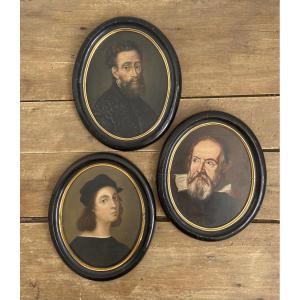 Reunion Of Three Portraits, Raphael Michelangelo Galileo, Oil On Panel 19th Century