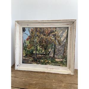 Huile sur toile: Sous-Bois, pointillisme, France circa 1960