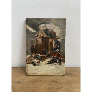 Lithographie rehaussée, sur panneau, d’après Alphonse de Neuville « Combat dans une église », F