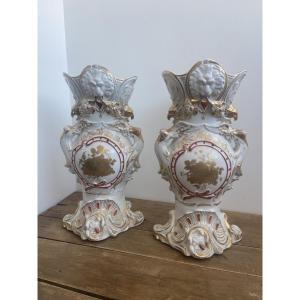 Pair Of Bridal Vases, Paris Porcelain, Large Model, France, 19th Century