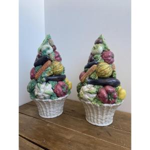 Paire de corbeille à légumes, faïence polychrome, Malicorne (?) France fin 19ème