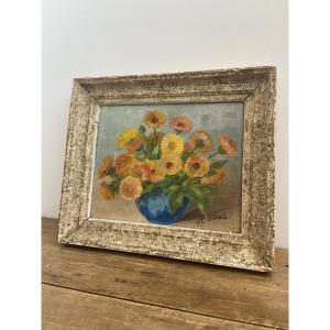 Huile sur panneau: Bouquet de fleurs, nature morte, France circa 1960