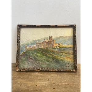 Aquarelle, Soleil couchant sur les ruines d’un château, Cécile Rives (1880-1956), France circa