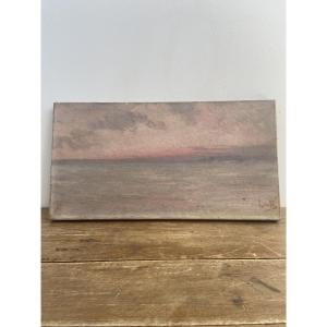 Oil On Canvas: Pink Sunset Over The Ocean, France, 20th Century