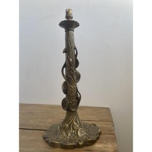 Art Nouveau: Pied de lampe aux nénuphars, bronze à patine médaille
