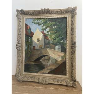 Oil On Panel: View Of Bruges—peerdenbrug Bridge, By Pierre Valade (1909–1971), Post-impressionist