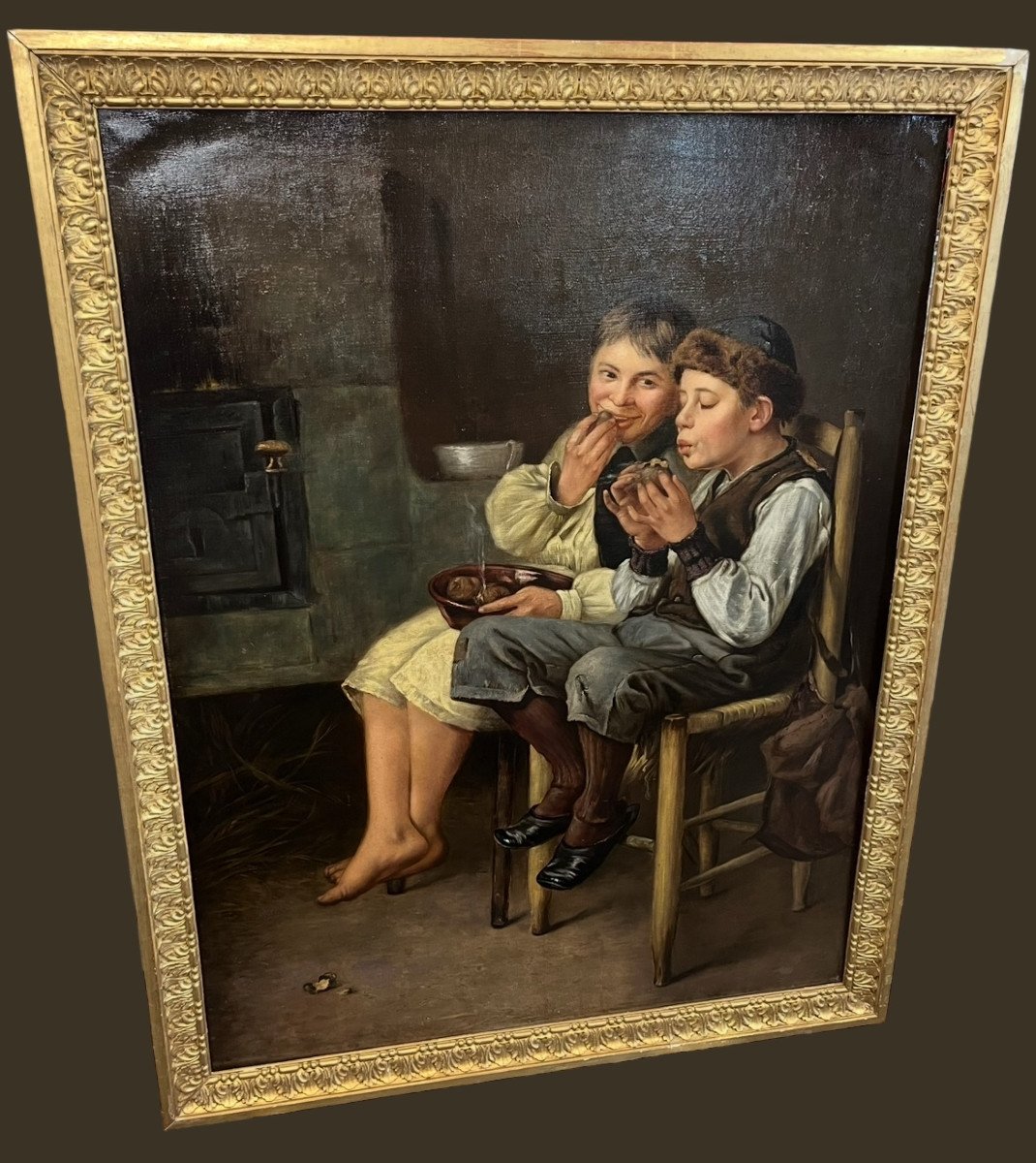 Scène de genre hongroise aux deux enfants – C. E. Halisch, Budapest – XIXe siècle