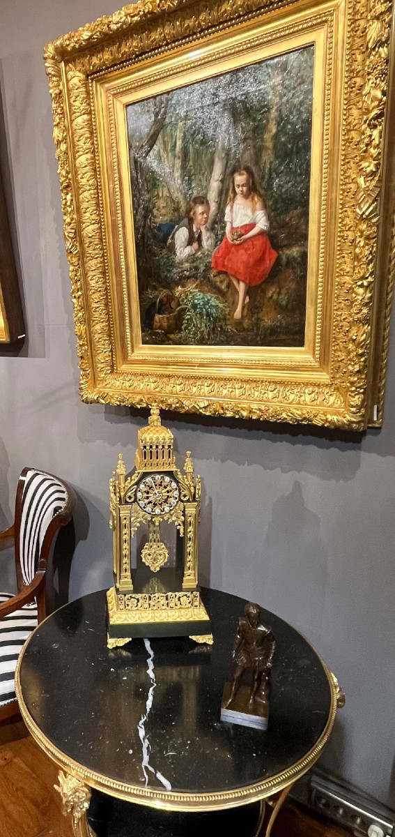 Large Neo-gothic Clock In Gilded And Patinated Bronze – 19th Century-photo-1