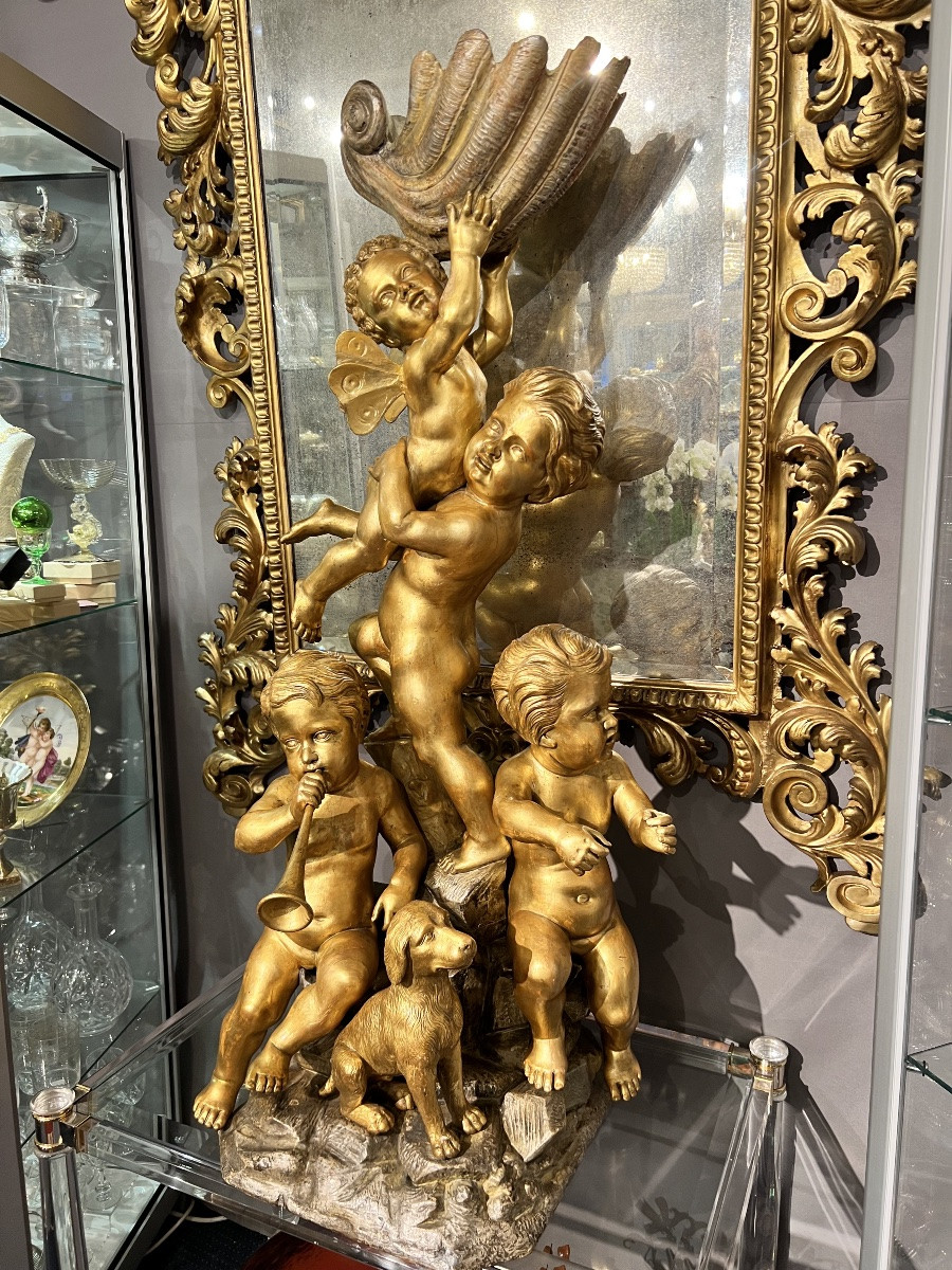 Large Group Of Putti In Carved And Gilded Wood, Venice, “carlo Piccoli Fece… Venezia”, H. 115 Cm-photo-2