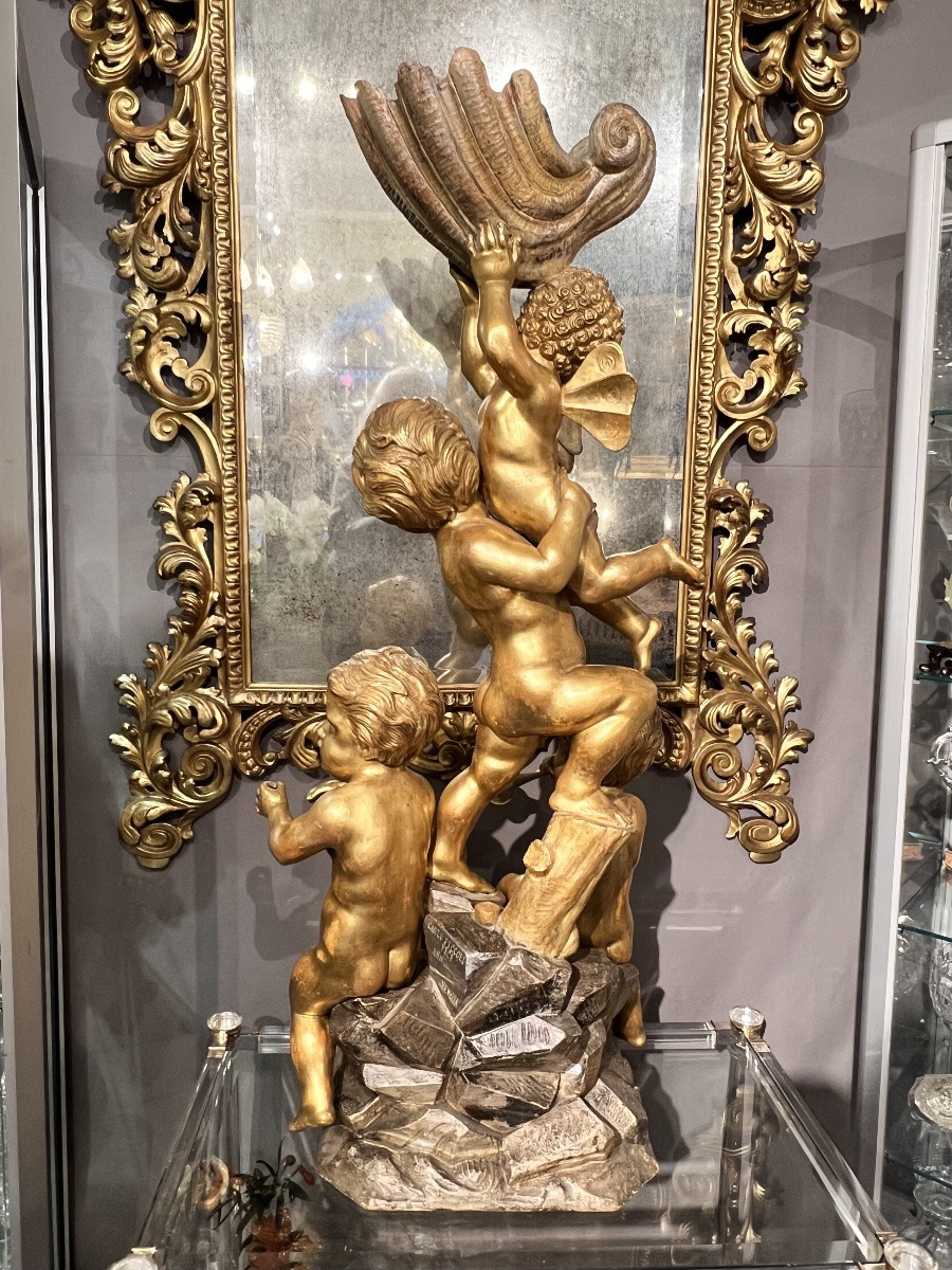 Large Group Of Putti In Carved And Gilded Wood, Venice, “carlo Piccoli Fece… Venezia”, H. 115 Cm-photo-3
