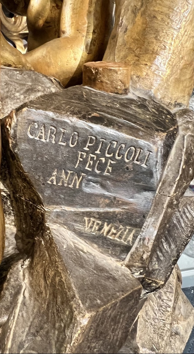 Large Group Of Putti In Carved And Gilded Wood, Venice, “carlo Piccoli Fece… Venezia”, H. 115 Cm-photo-4
