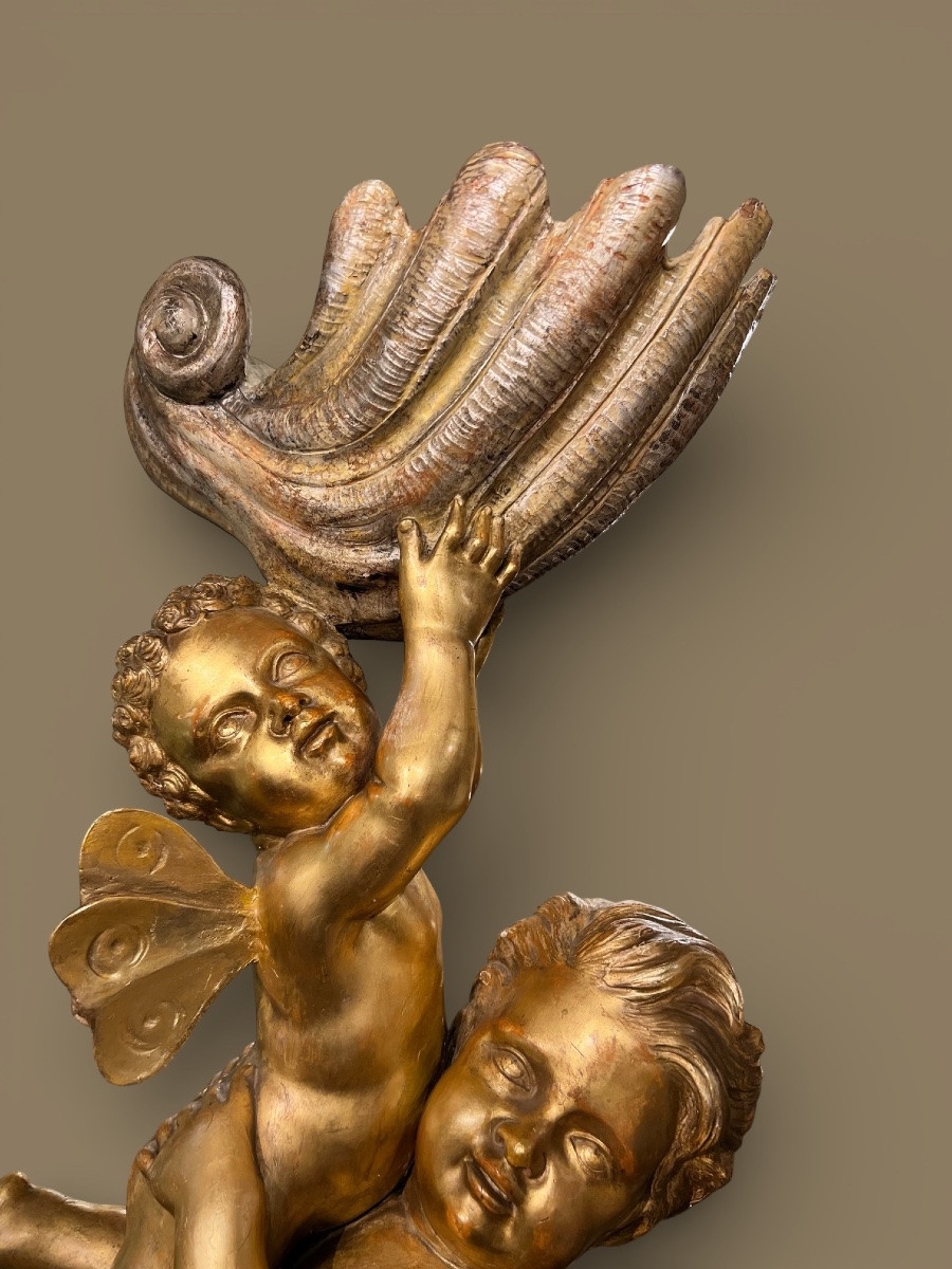 Large Group Of Putti In Carved And Gilded Wood, Venice, “carlo Piccoli Fece… Venezia”, H. 115 Cm-photo-1