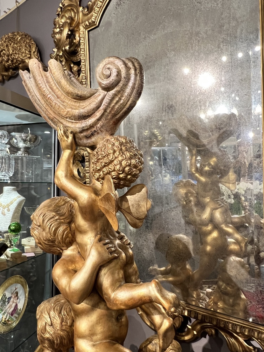 Large Group Of Putti In Carved And Gilded Wood, Venice, “carlo Piccoli Fece… Venezia”, H. 115 Cm-photo-2