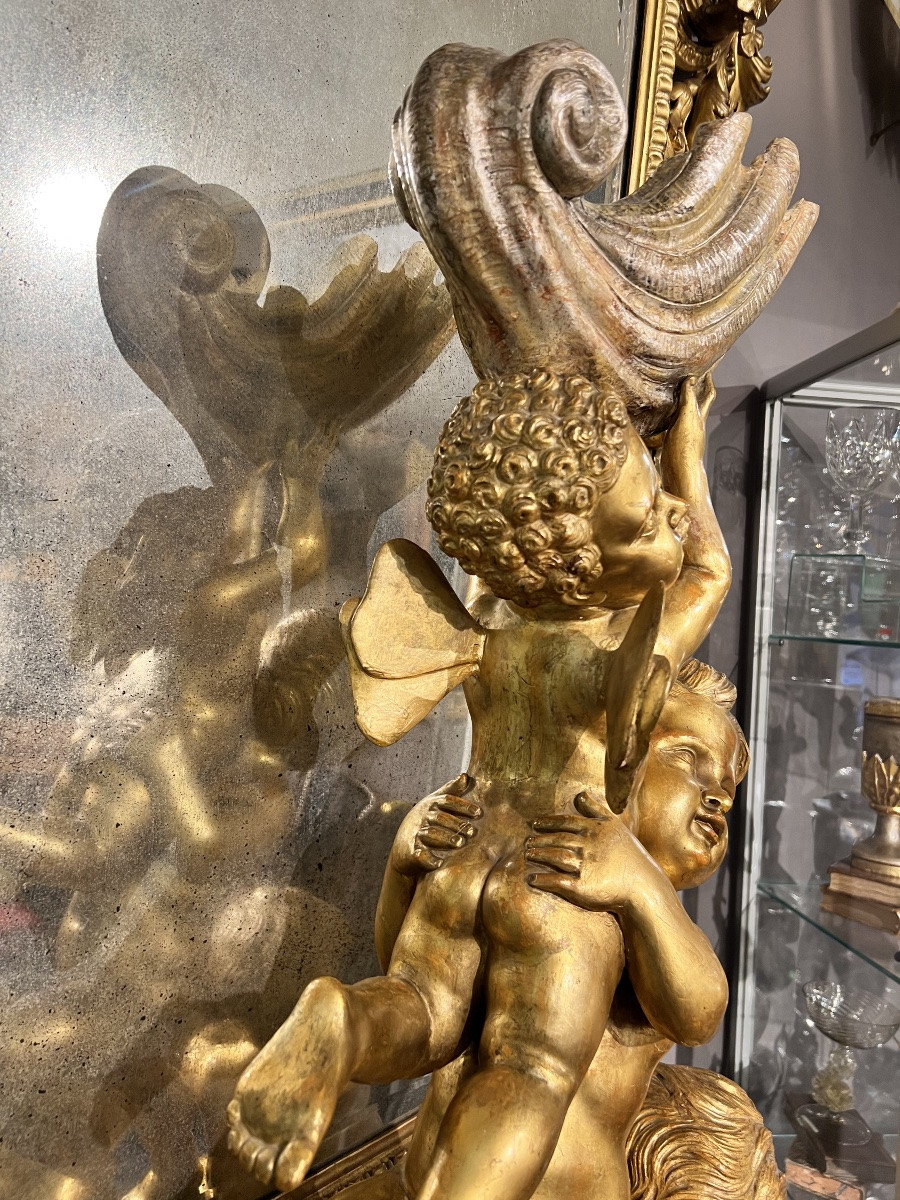 Large Group Of Putti In Carved And Gilded Wood, Venice, “carlo Piccoli Fece… Venezia”, H. 115 Cm-photo-3