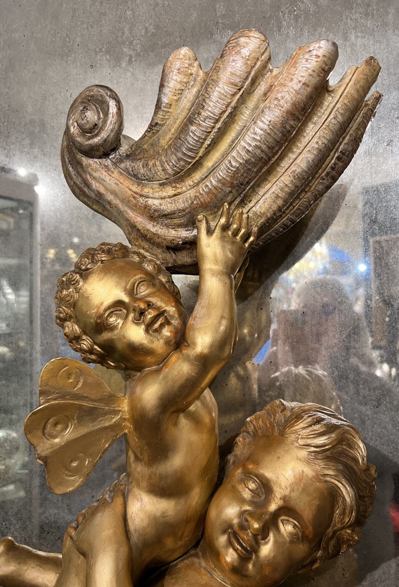 Large Group Of Putti In Carved And Gilded Wood, Venice, “carlo Piccoli Fece… Venezia”, H. 115 Cm-photo-4