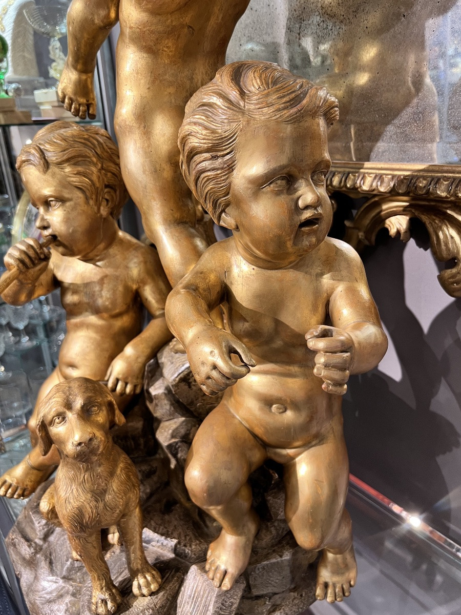Large Group Of Putti In Carved And Gilded Wood, Venice, “carlo Piccoli Fece… Venezia”, H. 115 Cm-photo-5