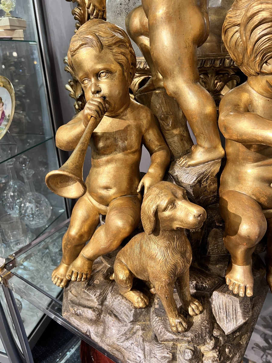 Large Group Of Putti In Carved And Gilded Wood, Venice, “carlo Piccoli Fece… Venezia”, H. 115 Cm-photo-6